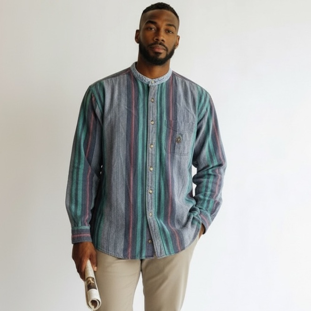 Vintage Knights of the Round Table‎ Men’s L Striped Grandad Collar Denim Trim